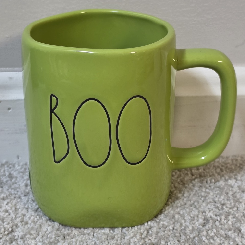 RAE Dunn Artisan Collection Green Pumpkin Face Boo Spooky Halloween Mug 3W 5H